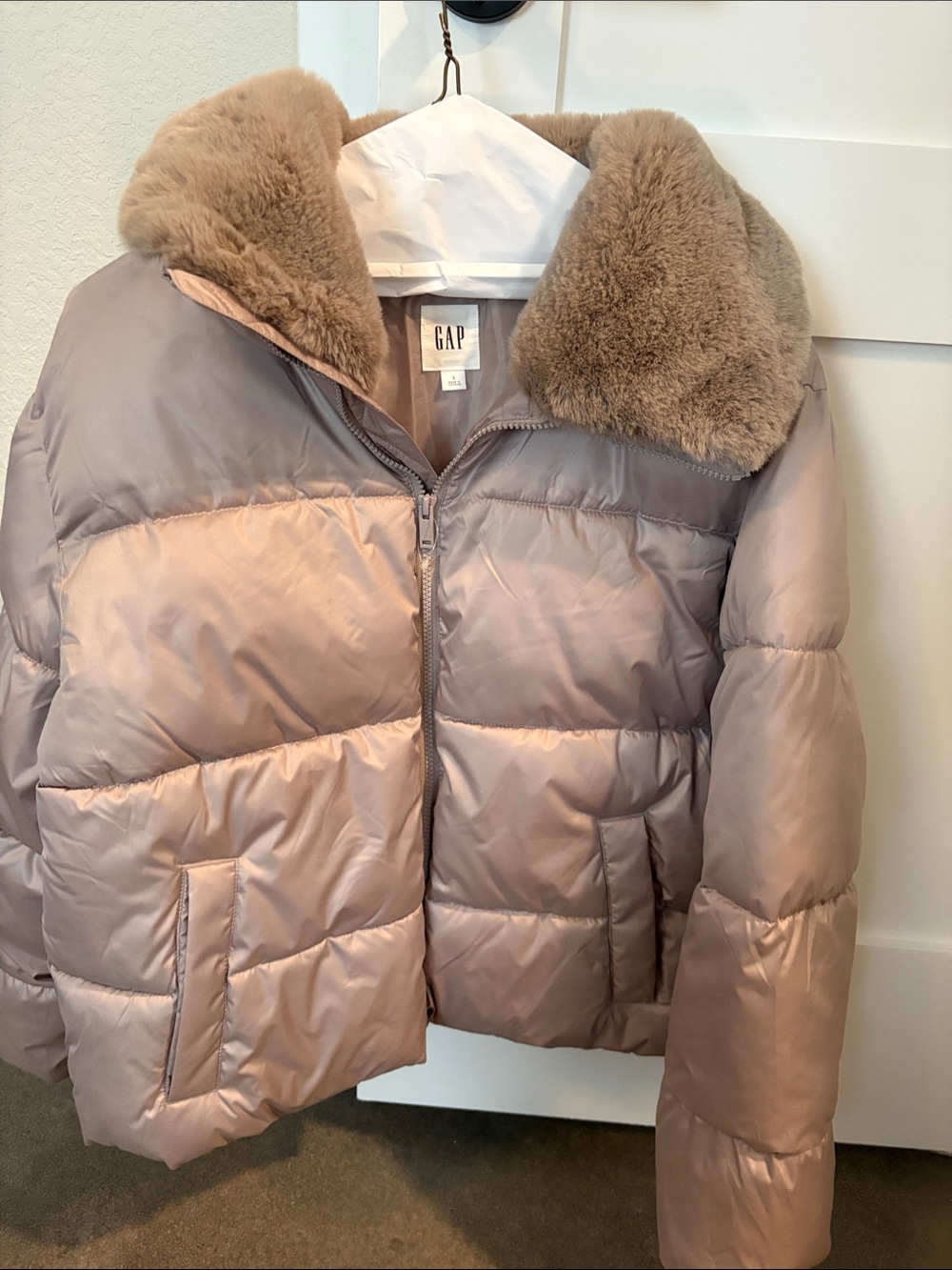 GAP Kids Light Taupe Puffer Jacket with Plush Faux Fur Collar